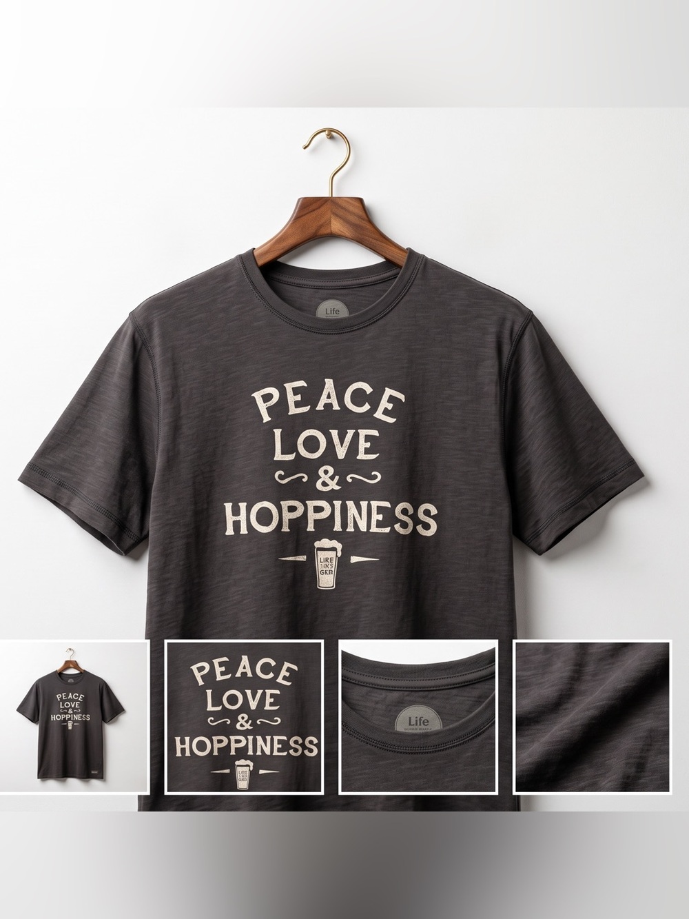 Life Is Good 'Peace Love & Hoppiness' Graphic Men’s SS Gray Tee T Shirt